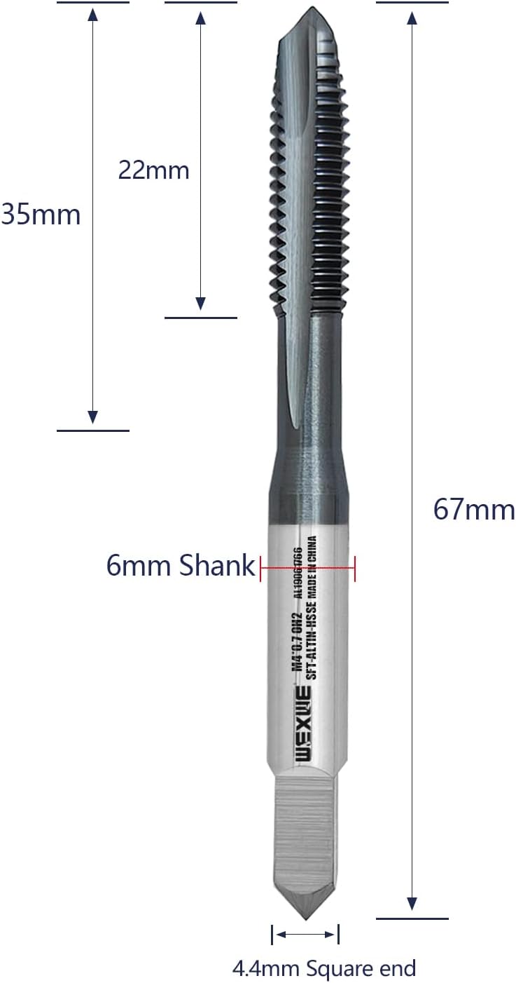 Tools M4 x 0.7 Spiral Point Threading Tap, Metric Machine Threading Tap High Speed Steel Cobalt(HSSCo) With AlTiN Coating, Round Shank with Square End， H2 Tolerance, 2pcs